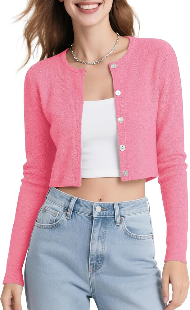 Urban CoCo Women's Long Sleeve Button Up Cropped Cardigan Sweaters for Women Crew Neck Short Bole... | Amazon (US)