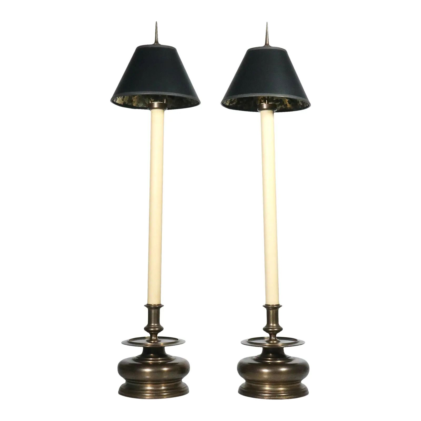 1970s Chapman Brass Buffet Candlestick Lamps with Black & Gold Foil Shades - A Pair | Chairish