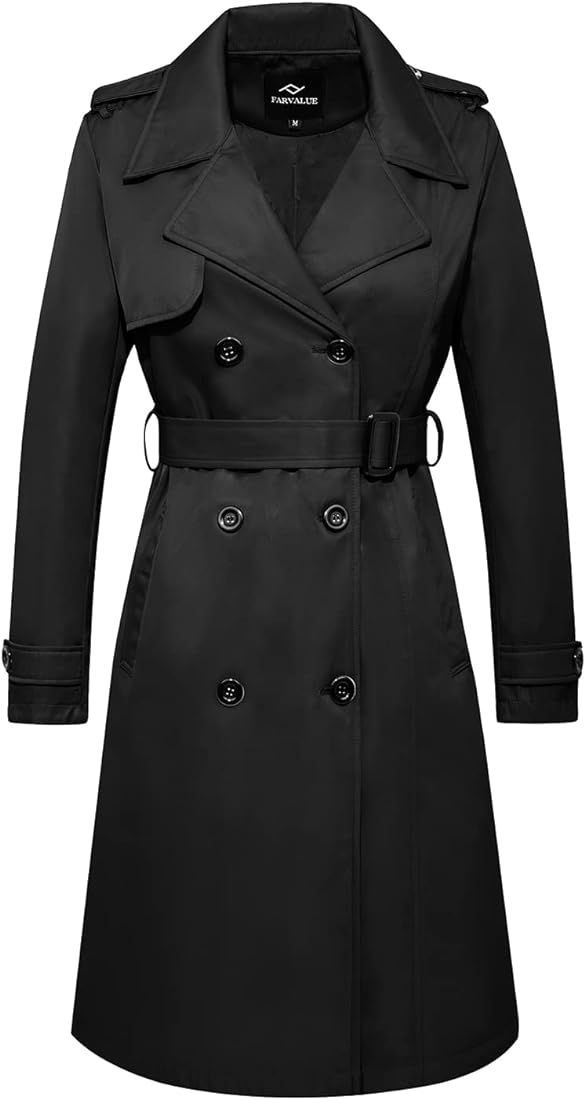 FARVALUE Women's Long Trenchcoat Double Breasted Trench Coat Water Resistant Classic Peacoat with Be | Amazon (US)
