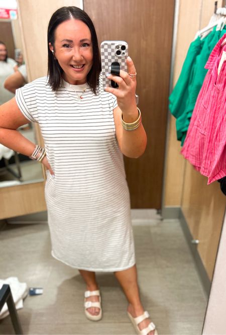 $20 midi dress from Target!  Love the extended shoulders!

Size large. Fits tts. 
Sandals run tts  

#LTKover40 #LTKmidsize #LTKSeasonal
