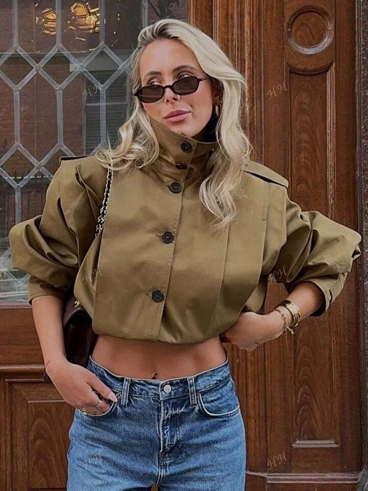 HH Women's Pleated Jacket Long Sleeve Cropped Coat Fashion Casual Trench Jackets Streetwear New In Outerwears ﻿ | SHEIN