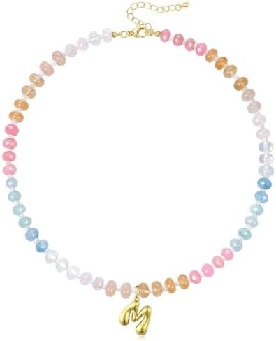KissYan Initial Necklaces for Women, Colorful Beaded Gemstone Choker 14K Gold Bubble Letter Penda... | Amazon (US)