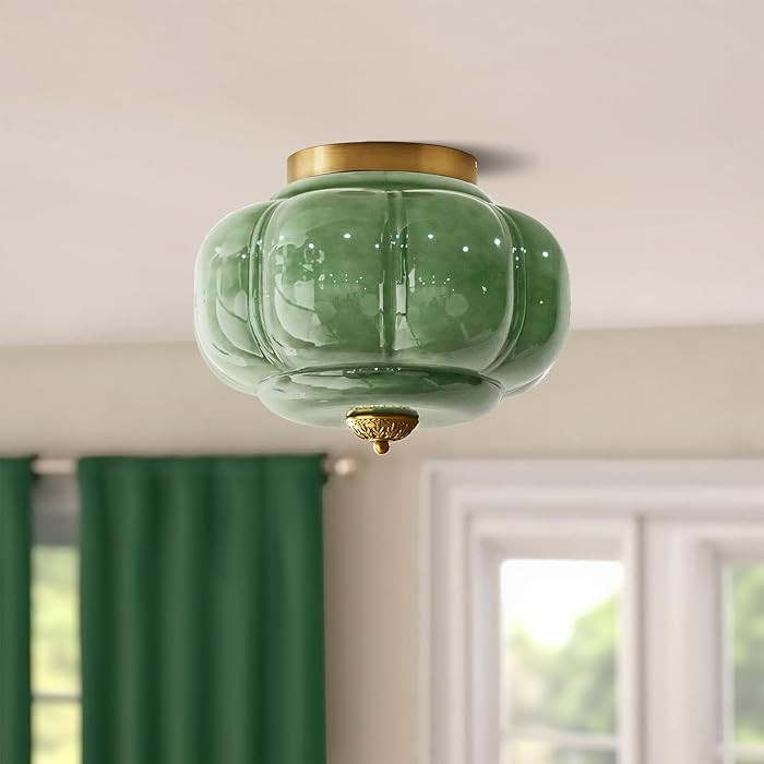 Milk Glass Ceiling Light Fixture - Farmhouse Antique Brass Semi Flush Mount Ceiling Light for Kit... | Amazon (US)