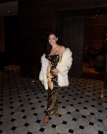 Kat Jamieson wears a gold sequin dress from Fashion Nova (similar below) and vintage fur jacket for a Studio54 Halloween party in London. Holiday, party, cocktail attire, sparkles, festive, gold. 

#LTKHoliday #LTKparties #LTKSeasonal