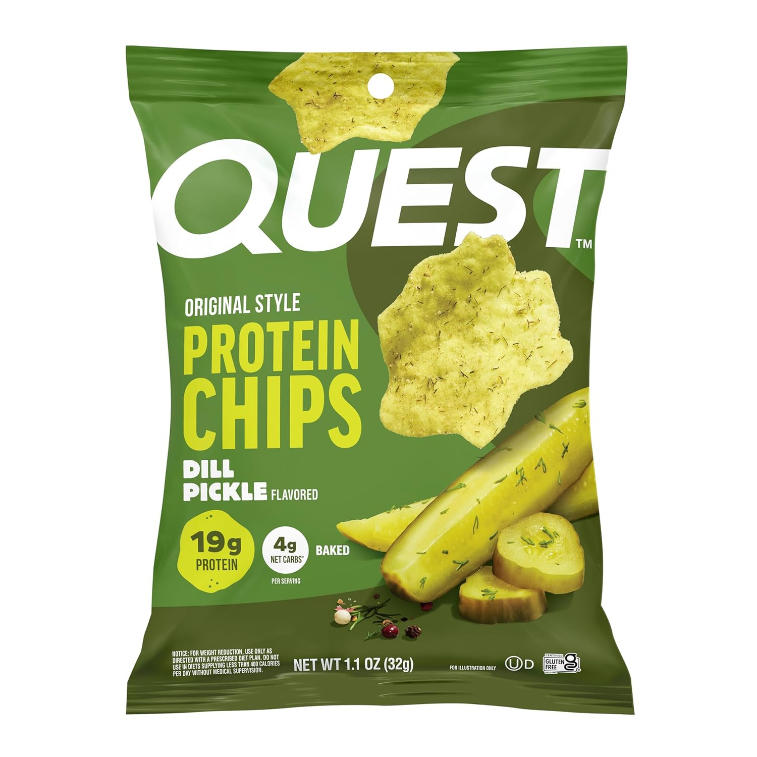 Quest Nutrition Dill Pickle Flavored Protein Chips, 19g Protein, 4g Net Carbs, Protein Snacks, Gl... | Amazon (US)