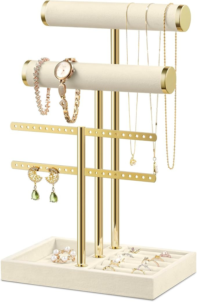 Bracelet Holder Jewelry Organizer Display - Beige Jewelry Velvet Stand,  3 Tier T Bar Storage for... | Amazon (US)