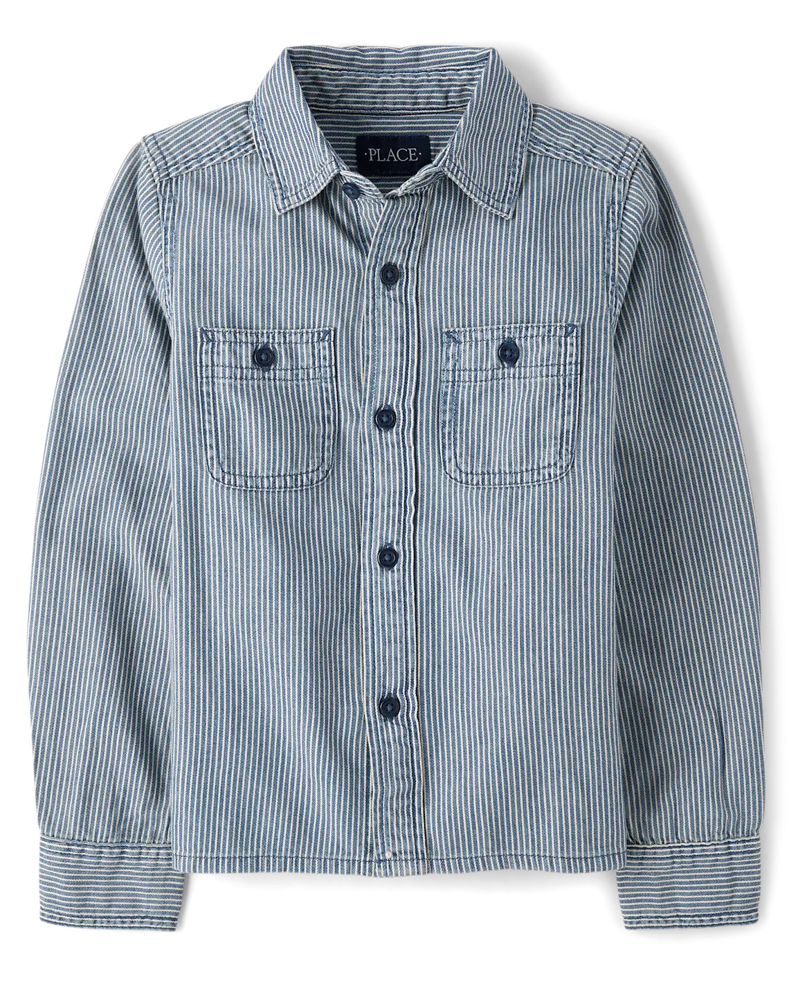 Boys Railroad Stripe Denim Button Up Shirt - blue | The Children's Place