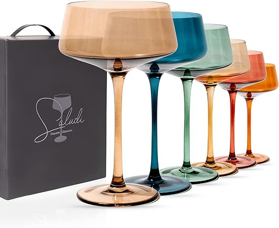Saludi Colored Coupe Glasses, 10oz (Set of 6) Stemmed Multi-Color Glass - Great for All Cocktail ... | Amazon (US)