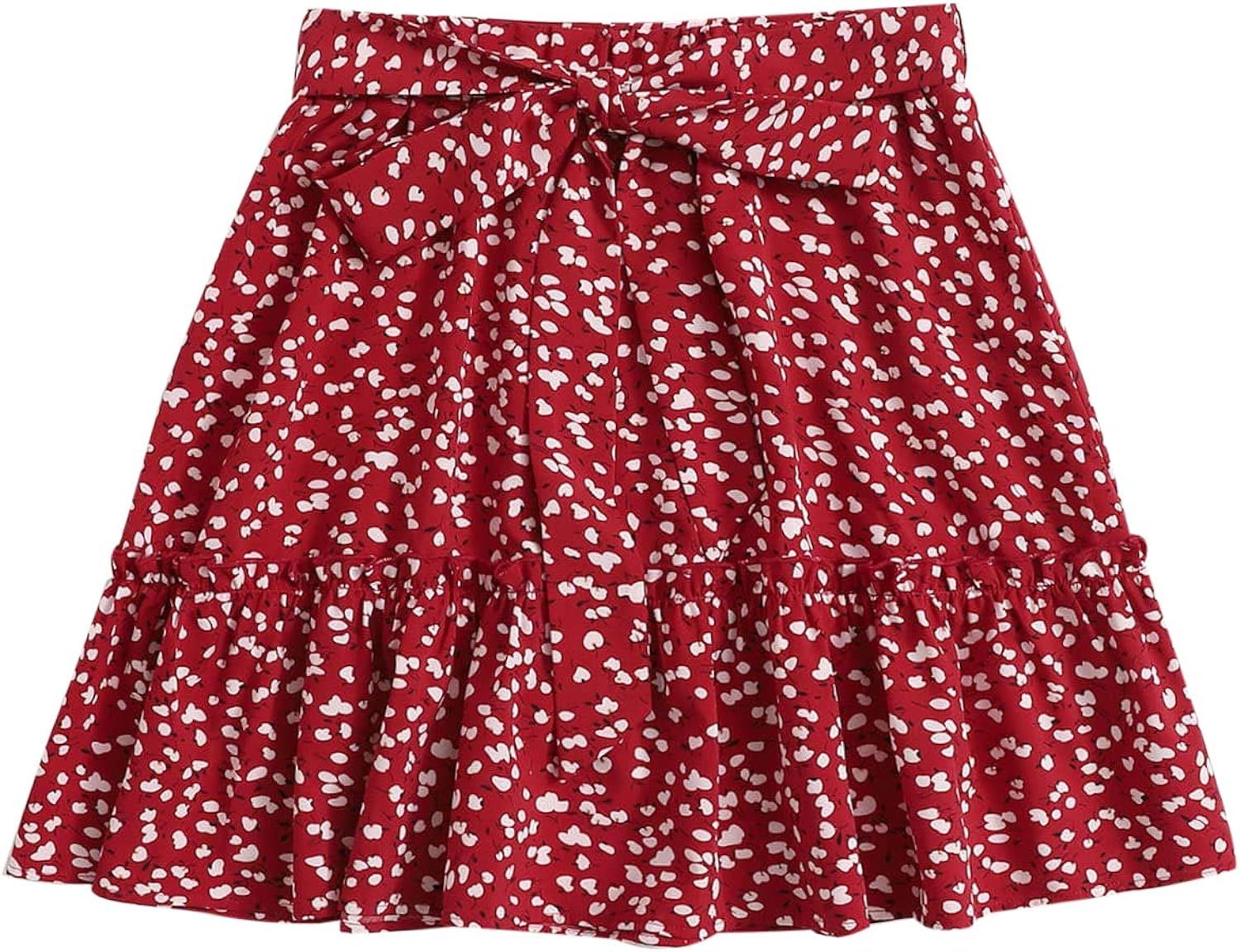 SheIn Women's Summer Floral Print Self Belted A Line Flared Skater Short Skirt | Amazon (US)