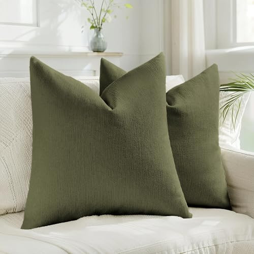 HAUSSY Moss Green Throw Pillow Covers 22x22 Inch Set of 2,Boho Decorative Faux Linen Throw Pillows Cozy Farmhouse Accent Cushion Covers,Home Decor for Couch Sofa Bed Living Room | Amazon (US)