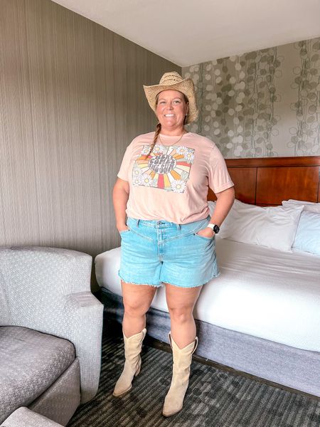 An outfit made for a country concert… 

Cute denim shorts - these in a light wash but with a western flair in the V seam in the front panel. 

Graphic tee - lightweight tee is a perfect combo for a concert! 

Boots - made for walking of course! This pair was from Nordstrom Rack and only limited sizes available online so Iinking similar pairs here as well. 

Cowboy hat is always a must! 

Plus size country concert 
Concert outfit 
Country concert outfit
festival outfit 
Music festival outfit 
Cowboy boots 
Western boots 


#LTKFestival #LTKOver40 #LTKPlusSize