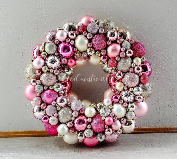 Holiday Wreath - Pink, Champagne, Silver, Ornament Wreath - Holiday Decor - Holiday Ornament Wrea... | Etsy (US)
