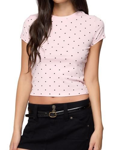 Polka Dot Shirts for Women Short Sleeve Crew Neck Tight Crop Tops Y2k Baby Tees Cute Summer Going Out Tops(Dot Pink,M) | Amazon (US)
