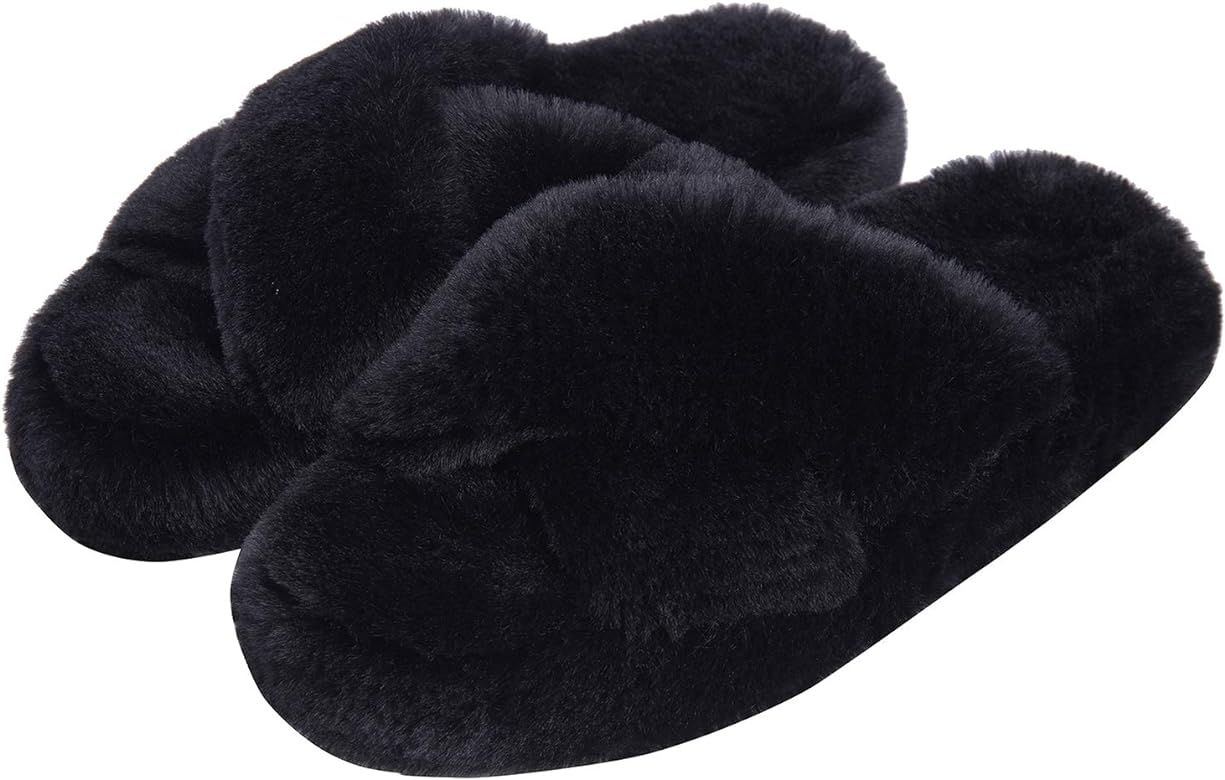 DL Fluffy Womens House Slippers Cross Band Open Toe, Soft Plush Fleece Bedroom Slippers Women Mem... | Amazon (US)