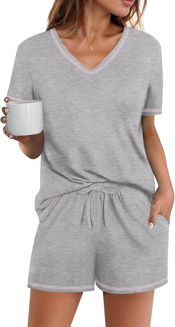 Ekouaer Womens Pajamas Sets Soft Cotton Pjs Short Sleeve Lounge Sets Casual Two Piece Pjs With Po... | Amazon (US)