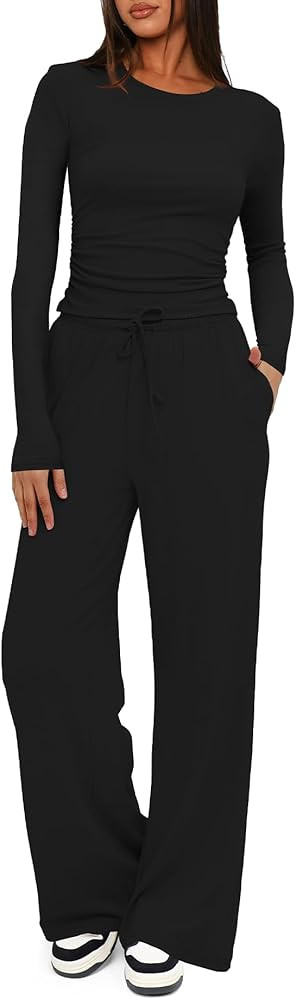 Darong Women's 2 Piece Outfits Lounge Sets 2026 Long Sleeve Tops Wide Leg Pants Casual Matching S... | Amazon (US)