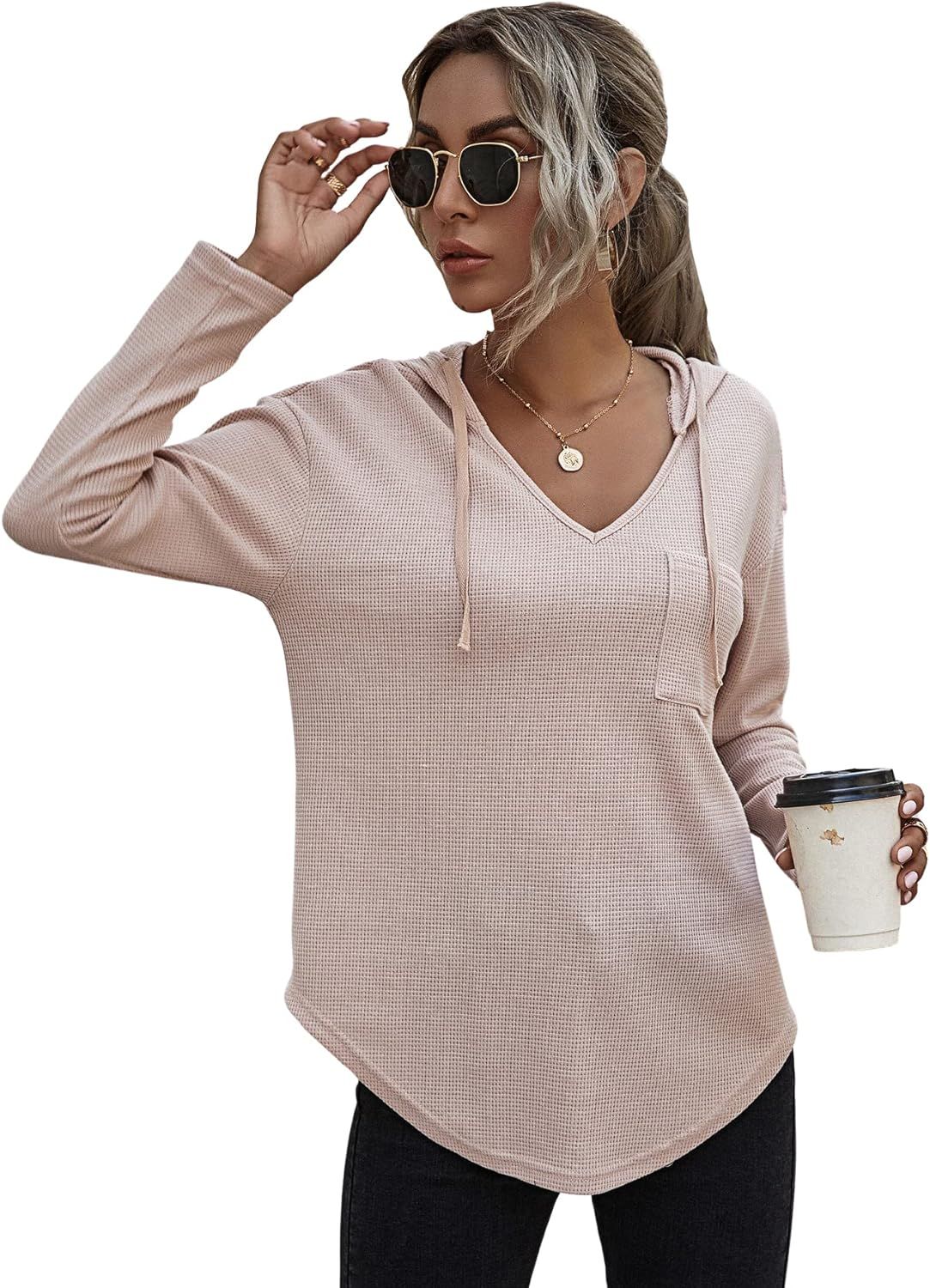 Floerns Women's Casual Long Sleeve V Neck Waffle Knit Pullover Sweatshirts Tops | Amazon (US)
