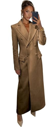 Camel Long Wool Coat Women Notch Collar Business Womens Trench Coat Plus Size Double Breasted Long Pea Coat Women Size 6XL-Large | Amazon (US)