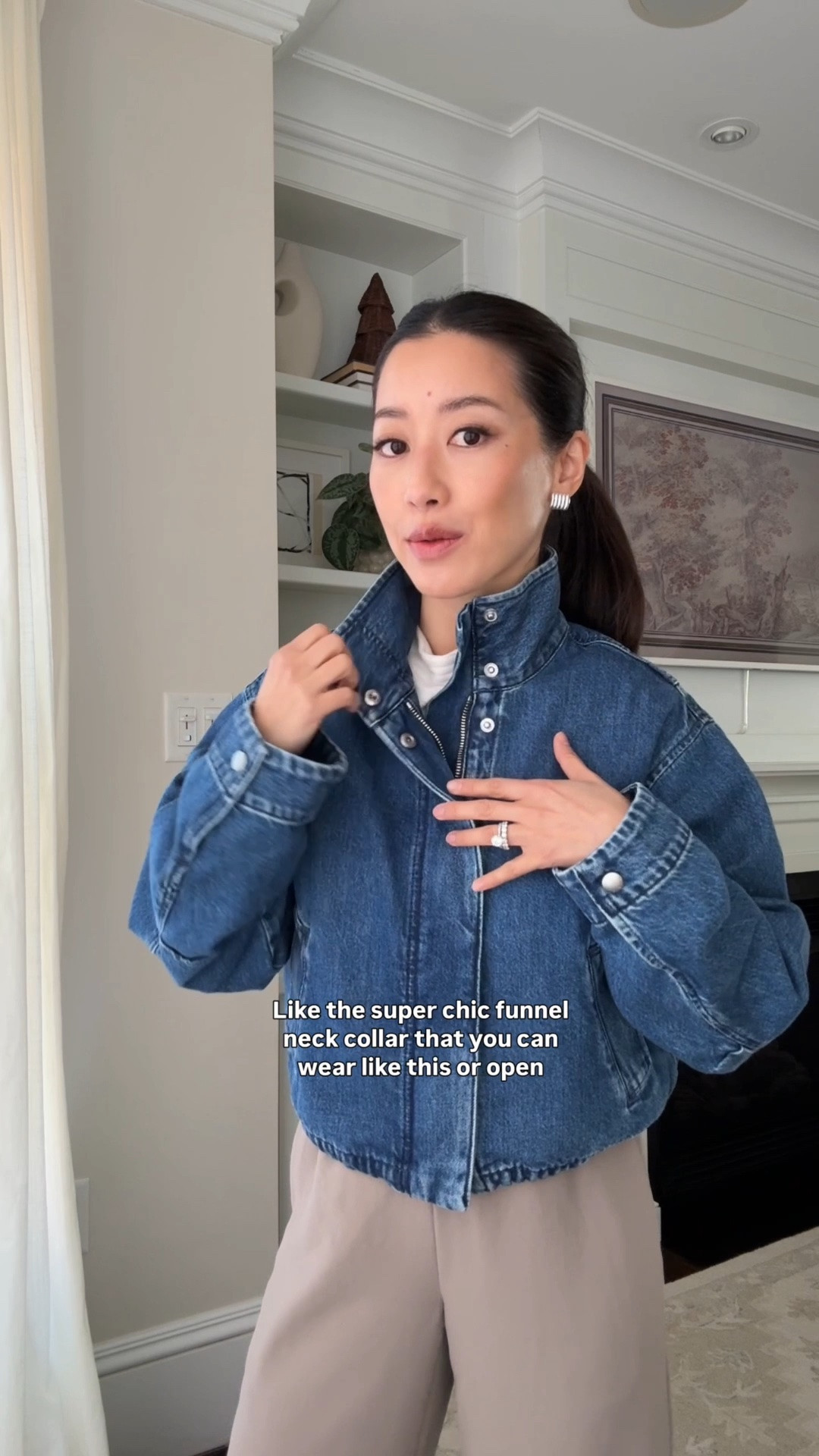 Code LTK20 on jacket and top that are back in stock! 
• Denim jacket xxs. shorter length. I tuck the drawstring tail inside the inner pocket. 
• Aritzia lodge pants 2XS regular that I hemmed (can also get short but it runs a little long for petites) Pull on elastic waist, wrinkle resistant, and beautiful drape. 
• soft mock neck Dolman Top xxs, I’ve had this for a while and I wash it machine cold inside out in a mesh bag, and air dry just Iike my sweaters. 
• Anthropologie woven shoulder bag 
• Heaven Mayhem earrings 

#LTKPetite #LTKSeasonal #LTKootd