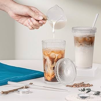 Combler Glass Cups with Lids and Straws, 12 oz Iced Coffee Cup for Coffee Bar Accessories, Ribbed... | Amazon (US)