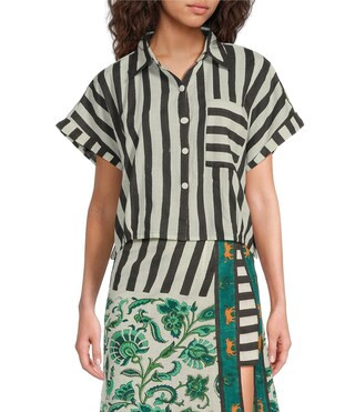 Stripe Print Notch Collar Short Sleeve Button Front Shirt | Dillard's