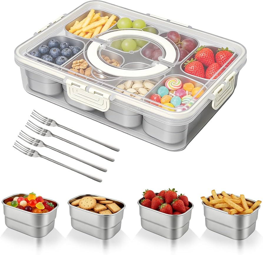 WanshengLe 8 in 1 Stainless Steel Snackle Box with Lids and Handle, Dishwasher Safe 8 Compartment... | Amazon (US)