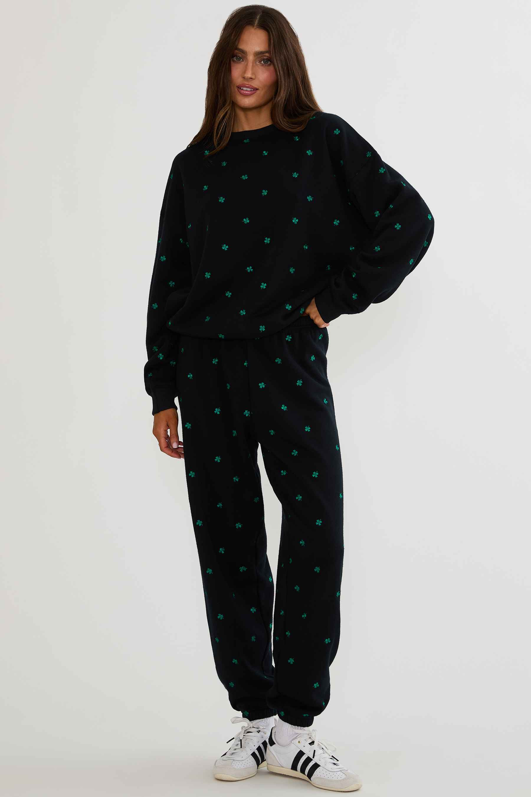 Nash Pant Midnight Clover | Black Sweatpant Embroidered Clovers | Beach Riot | Beach Riot