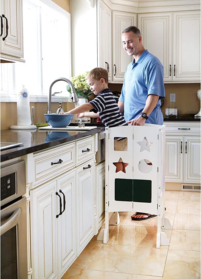 Guidecraft Classic Kitchen Helper Stool - White with 2 Keepers and Non-Slip Mat: Foldable, Adjust... | Amazon (US)