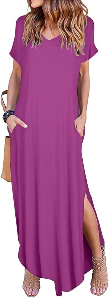 Women's Short Sleeve V Neck Pocket Casual Side Split Beach Long Maxi Dress | Amazon (CA)