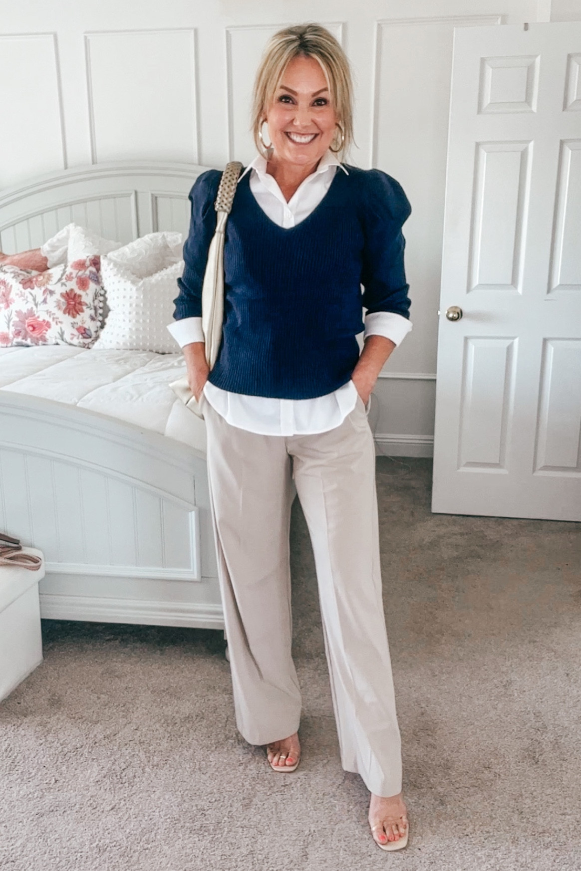 Sweater 
Best white button down ever!!
Trousers - I’m typically a size 6-8… I ordered an 8 but should have gone with a 6. 
Clear strap heels 

#LTKstyletip #LTKBacktoSchool #LTKunder100