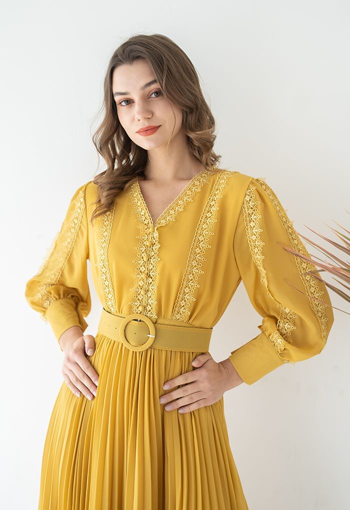 Crochet Trimmed Belted Pleated Chiffon Dress in Yellow | Chicwish