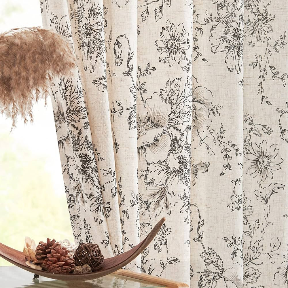 jinchan Linen Curtains Floral Curtains for Living Room 96 Inch Length Black Printed Curtains Rod ... | Amazon (US)