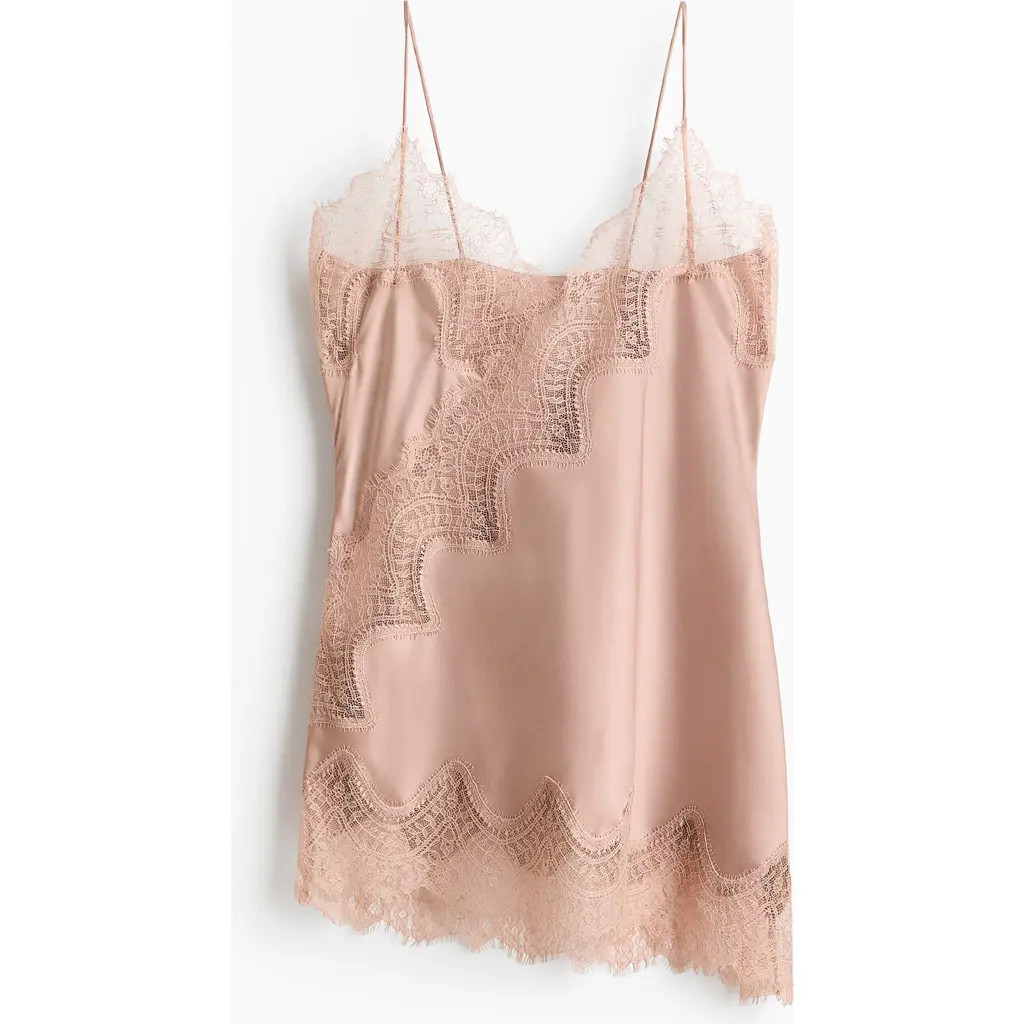 H&M Lace-trimmed Strappy Satin Top in Light Dusty Pink at Nordstrom, Size Large | Nordstrom