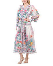 Long Sleeve Floral Drop Waist Maxi Dress With Waist Tie Belt | TJ Maxx