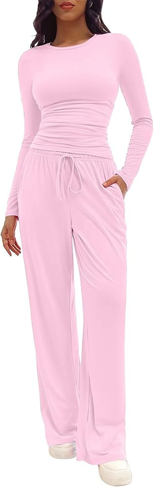TFNOSIZE Women's 2-Piece Lounge Set - Long Sleeve Top and Wide-Leg Pants - Drawstring Waist Pajam... | Amazon (US)