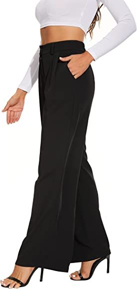 FUNYYZO Women's Wide Leg Pants High Elastic Waisted in The Back Business Work Trousers Long Strai... | Amazon (US)