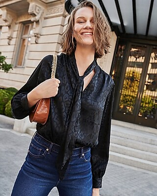 Satin Leopard Print Long Sleeve Tie Neck Portofino Shirt | Express