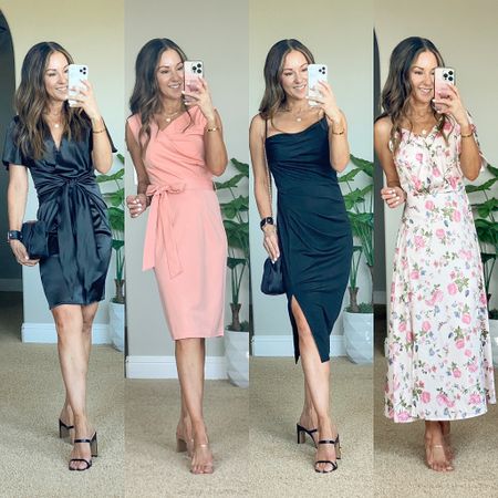 💥Deal Alert! Special occasion dresses from Grace Karin all size small.  I'm 5'1", 109lbs wearing a small in all.  
Left to right:

For reference: I’m 5’1”, 109lbs
All size small unaltered

Tie Waist Dress - Size up one size
30% off Clickable coupon

Strappy Dress - TTS 
30% off code HOLLY007

Pencil Dress - Size up one size 
40% off - 10% off clickable coupon + 30% off code 30HOLLY30

Floral Dress - Size up if in between sizes
50% off - 20% off clickable coupon + 30% off code HOLLY1911

Shoes TTS.  
Wedding guest dress | baby shower dress | Cocktail Dress | LBD | Bridal Shower

#LTKunder50 #LTKwedding #LTKsalealert