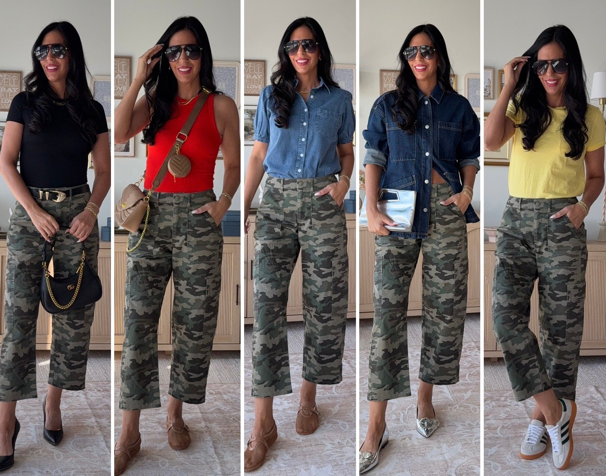 5 ways to wear these amazing Target Camo slightly barrel pants. I sized up for a relaxed fit. 
All tops are a small 

#LTKU #LTKSaleAlert #LTKFindsUnder50