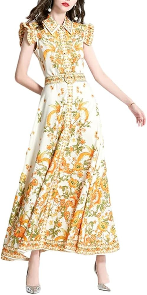 Vintage Floral Print Ruffled Dress Mock Neck Bow Puff Bell Sleeve Women Casual Party Maxi Dress | Amazon (US)