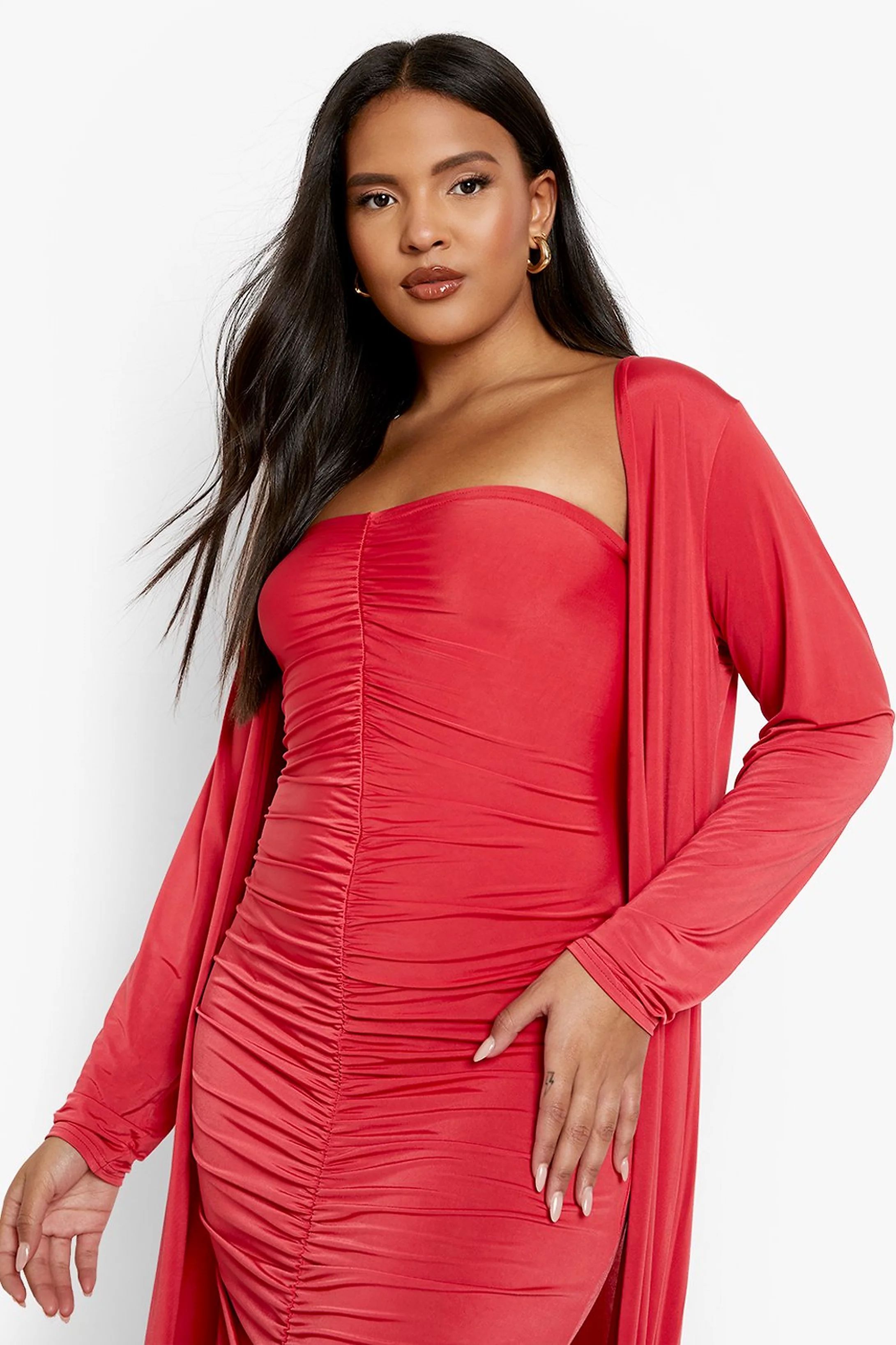 Plus Ruched Bandeau Dress And Maxi Duster | Boohoo.com (US & CA)