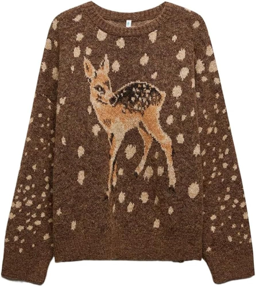 Oversized Brown Deer Pattern Dot Print Knitted Sweater for Women Whimsy Twee Cozy Cottagecore Pul... | Amazon (US)