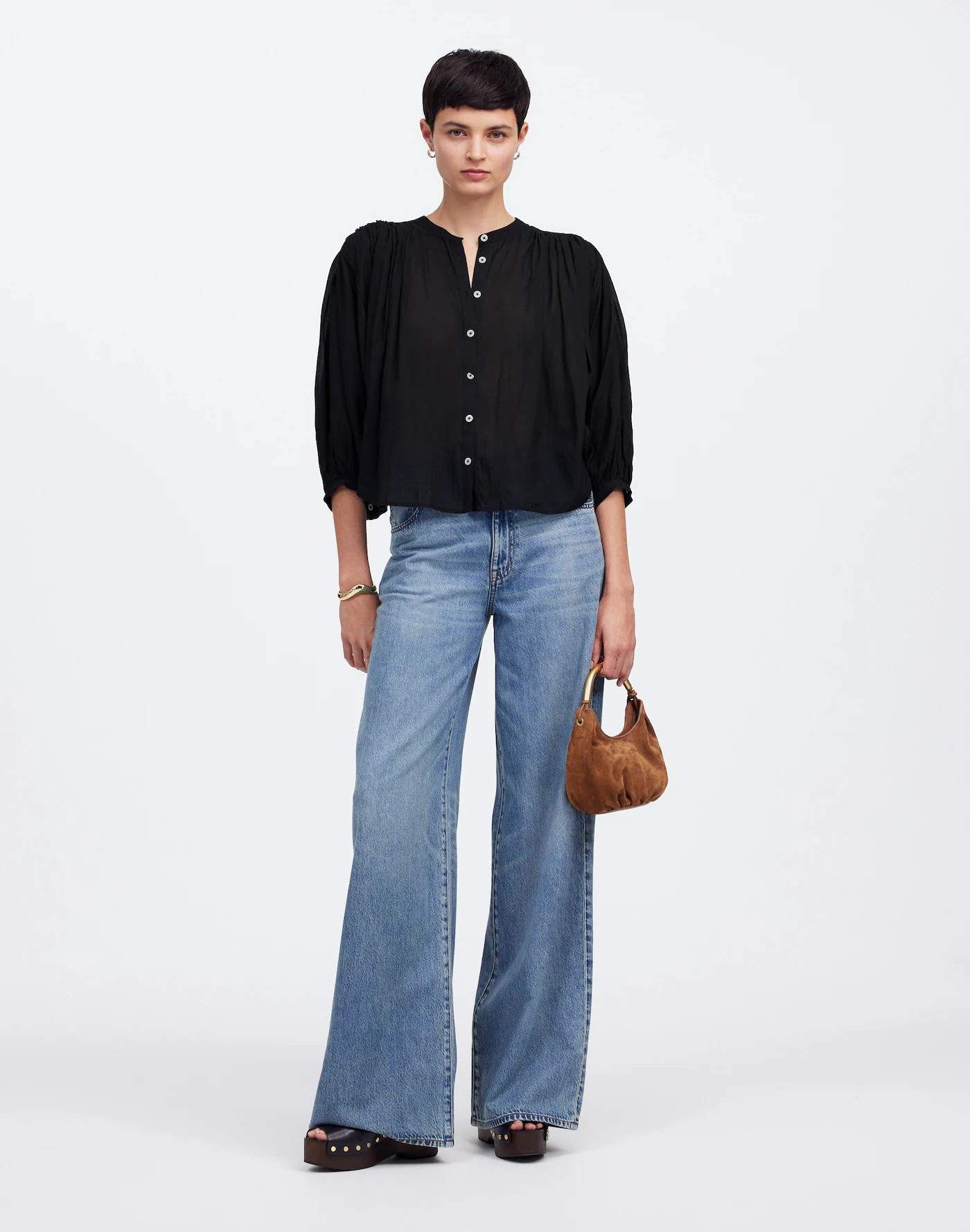 Shirred Crewneck Button-Up Top | Madewell