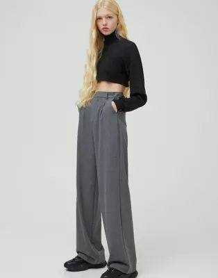 Pull&Bear wide leg tailored dad trousers in grey | ASOS (Global)