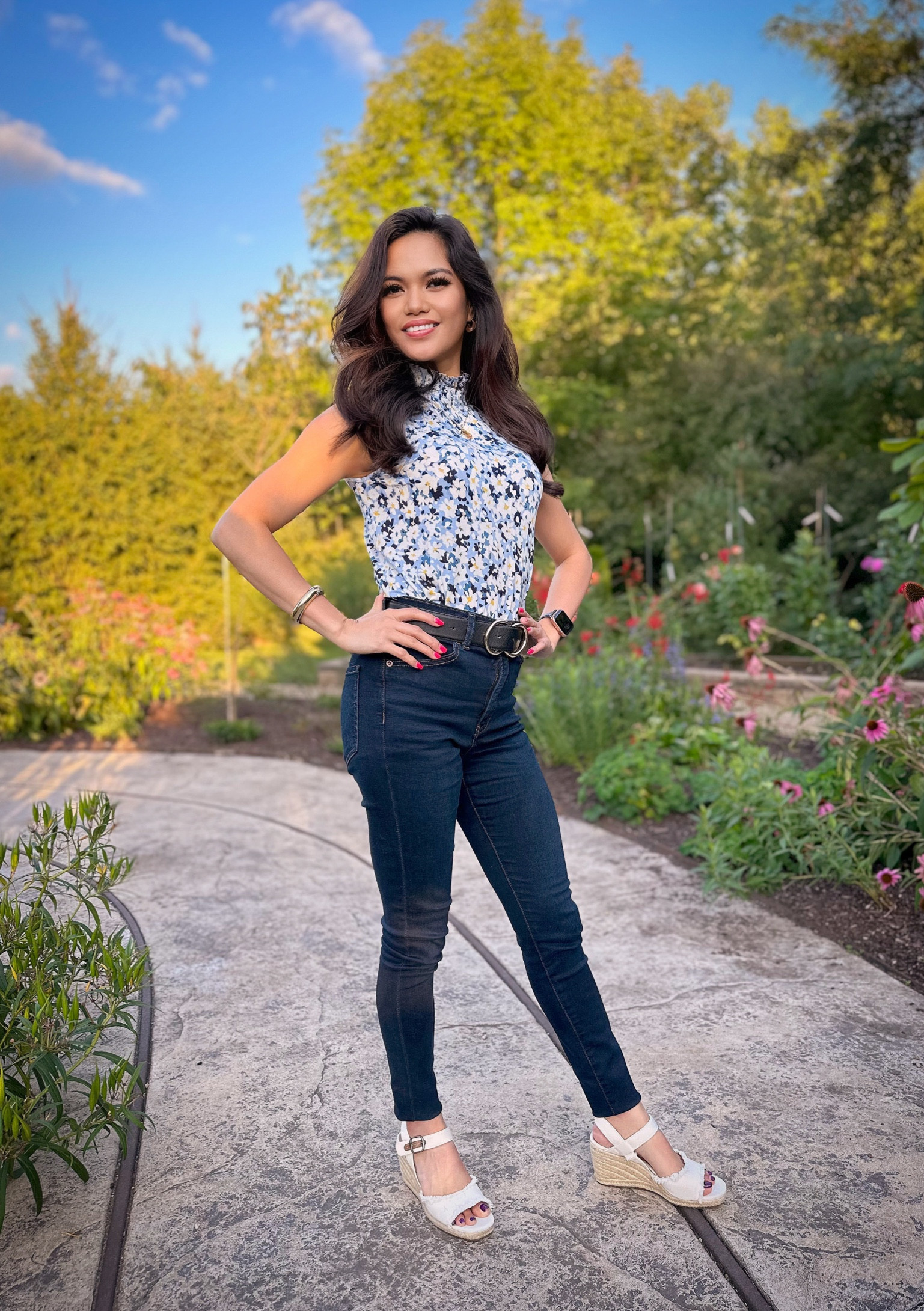 Loving this sleeveless floral top from Ann Taylor on these warm, remaining summer evenings. I’m wearing size XXS Petite and the top fits TTS.   Dark wash skinny jeans are from Express.  I’m wearing size 0 short, and the fit is TTS.  White wedge sandals are by Lucky Brand, and are comfortable to wear all day long. 
Enjoy your weekend!!

#LTKSale #LTKunder50 #LTKSeasonal