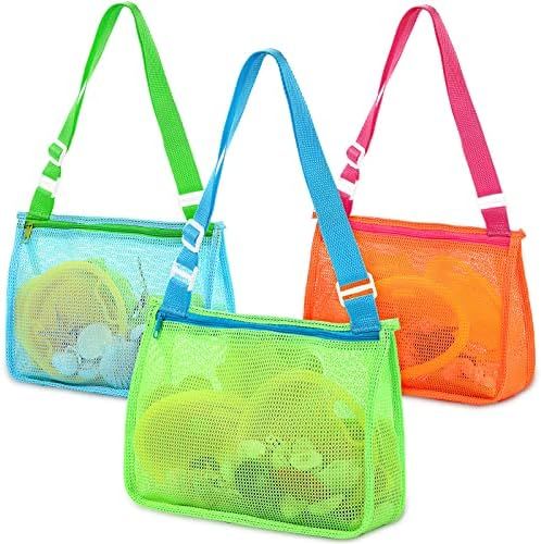 Mesh Beach Bag 3 Packs Shell Collecting Bag with Adjustable Straps Zipper Colorful Sand Bags Expanda | Amazon (US)