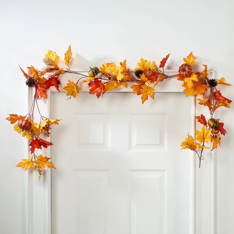Way to Celebrate Harvest Artificial Orange & Yellow Fall Leaves Glitter Garland, 6ft Long | Walmart (US)