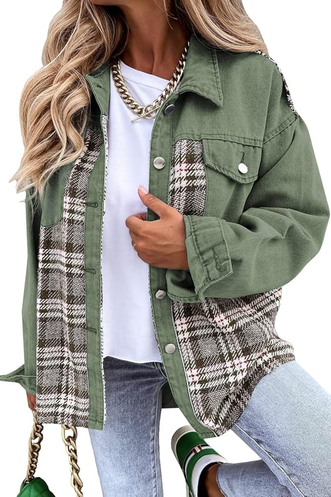 SHEWIN Women's Denim Jacket Long Sleeve Plaid Button Down Shirts Shacket Jacket | Amazon (US)