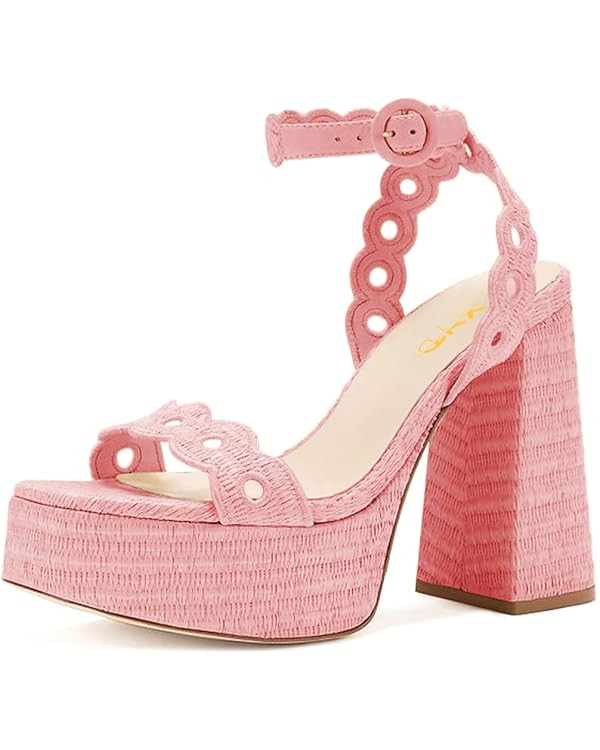 XYD Women Platform Eyelets Open Round Toe High Heel Block Sandals Ankle Strap Evening Party Pumps... | Amazon (US)