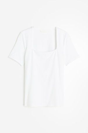 Fine-knit Top - Square Neckline - Short sleeve - Cream - Ladies | H&M US | H&M (US + CA)